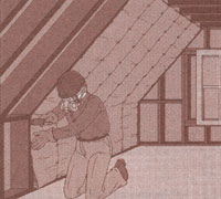 >Diagram 2: In heated attic, install batts from the top down and staple paper edges.